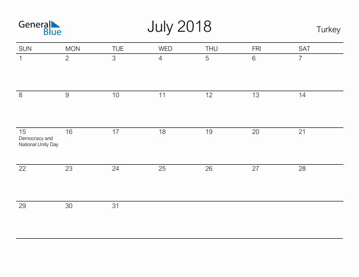 Printable July 2018 Calendar for Turkey