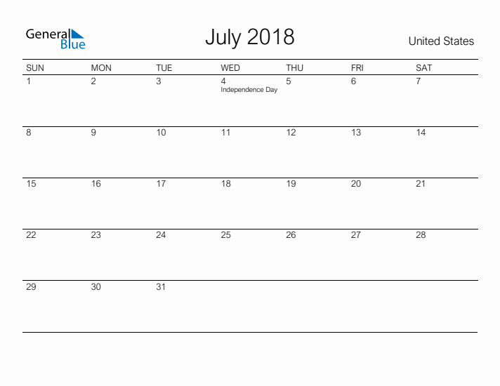 Printable July 2018 Calendar for United States