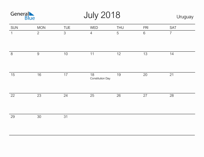 Printable July 2018 Calendar for Uruguay