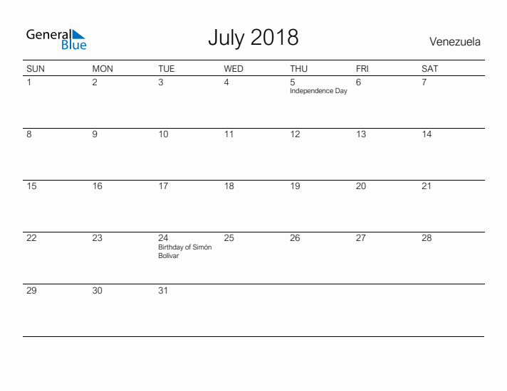 Printable July 2018 Calendar for Venezuela