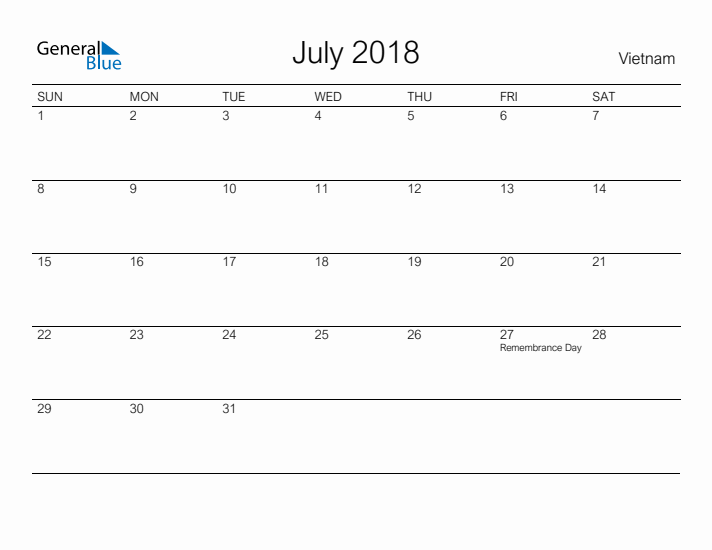 Printable July 2018 Calendar for Vietnam