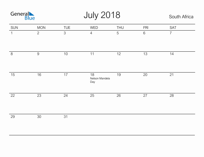 Printable July 2018 Calendar for South Africa