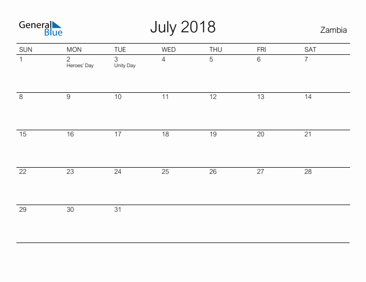 Printable July 2018 Calendar for Zambia