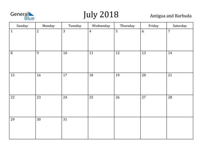 July 2018 Calendar Antigua and Barbuda