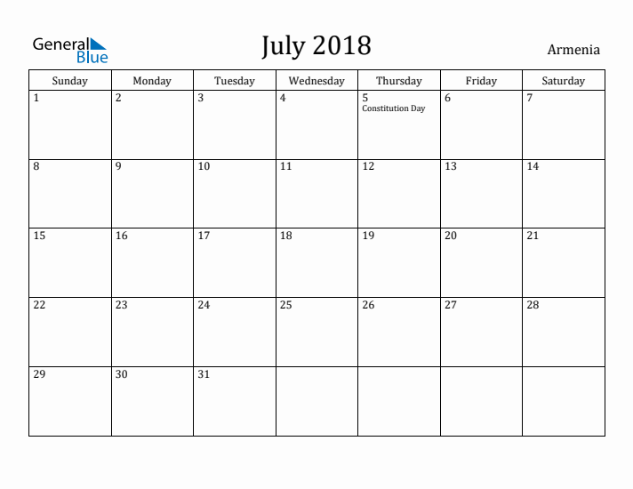 July 2018 Calendar Armenia