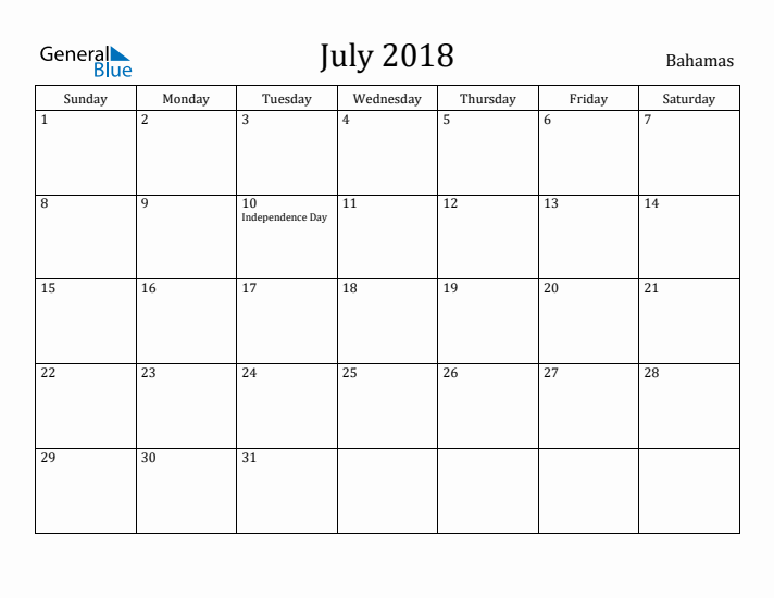 July 2018 Calendar Bahamas