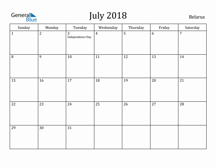 July 2018 Calendar Belarus