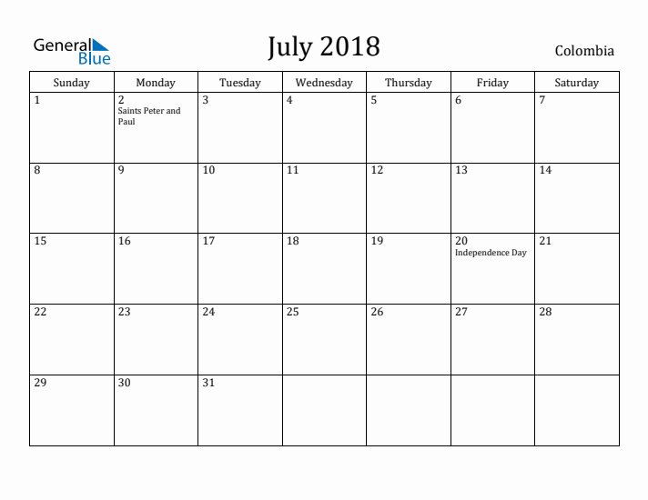 July 2018 Calendar Colombia