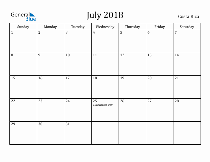 July 2018 Calendar Costa Rica