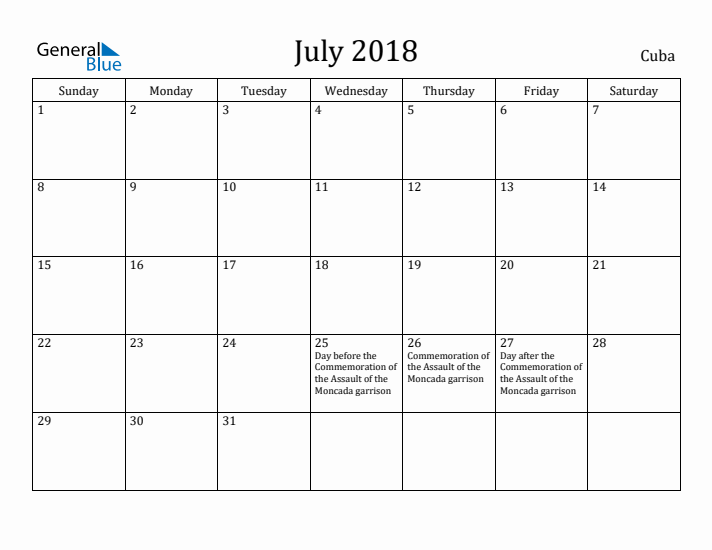 July 2018 Calendar Cuba