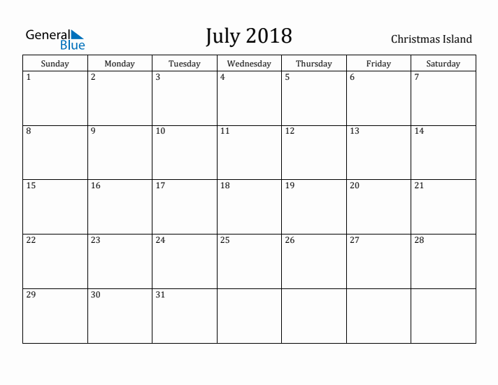 July 2018 Calendar Christmas Island