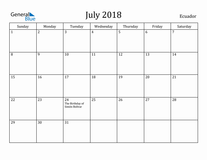 July 2018 Calendar Ecuador