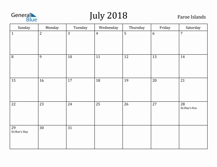 July 2018 Calendar Faroe Islands