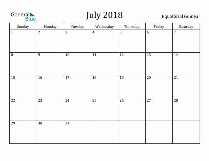 July 2018 Calendar Equatorial Guinea