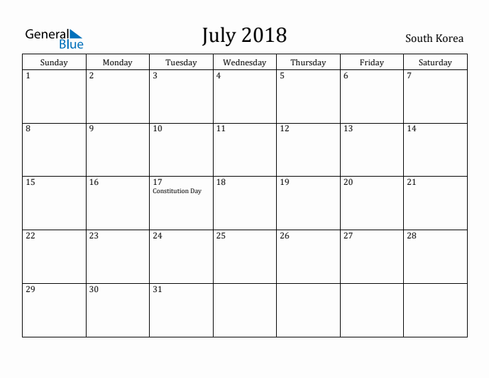 July 2018 Calendar South Korea
