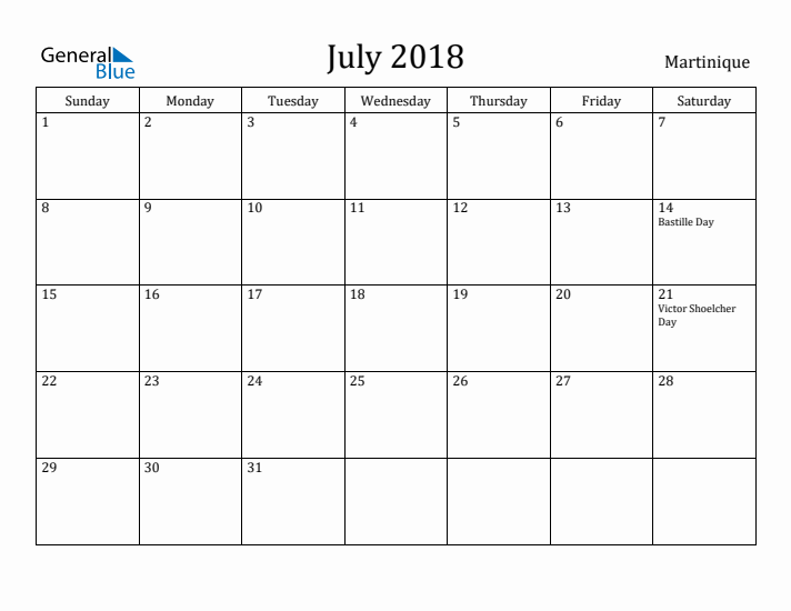 July 2018 Calendar Martinique