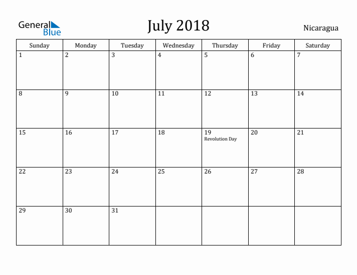 July 2018 Calendar Nicaragua