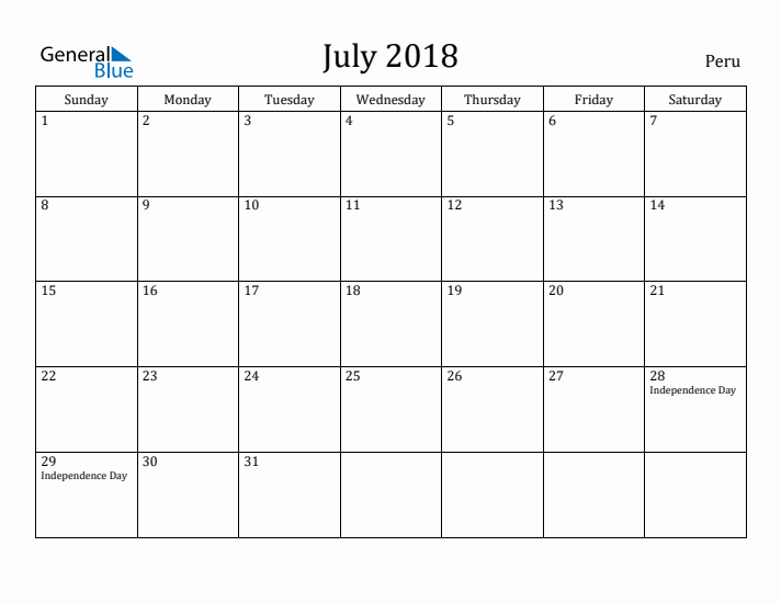 July 2018 Calendar Peru