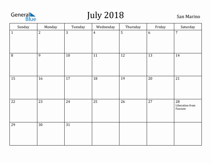 July 2018 Calendar San Marino
