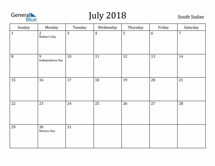July 2018 Calendar South Sudan