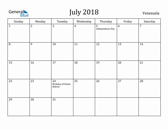 July 2018 Calendar Venezuela
