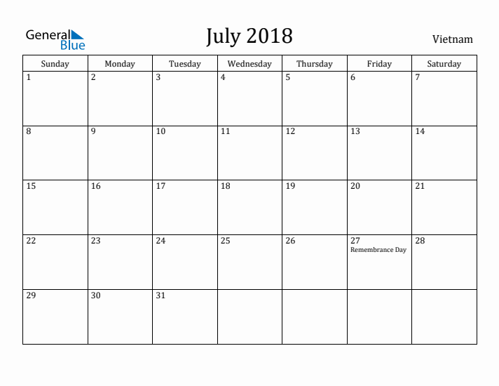 July 2018 Calendar Vietnam