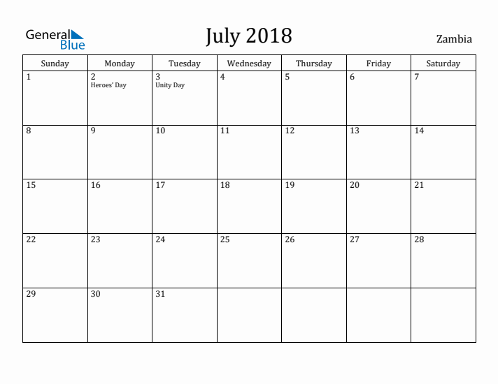 July 2018 Calendar Zambia