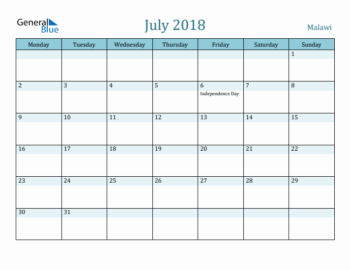 July 2018 Calendar with Holidays