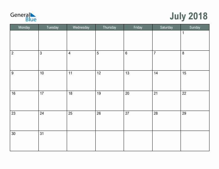 Free Printable July 2018 Calendar