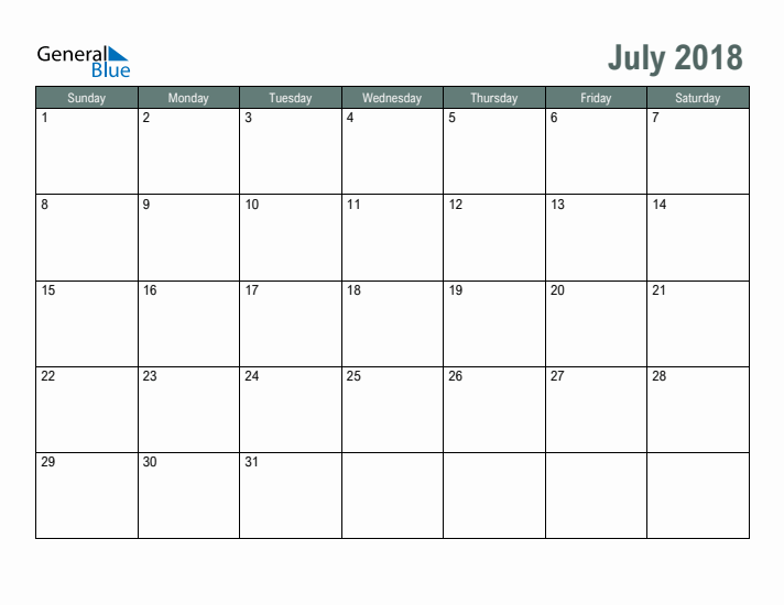 Free Printable July 2018 Calendar