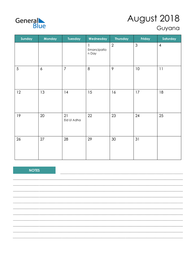 Calendar with Notes Printable