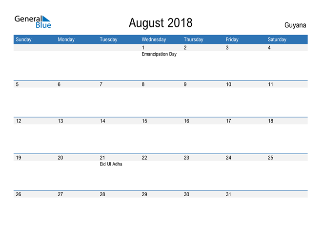 Fillable August 2018 Calendar