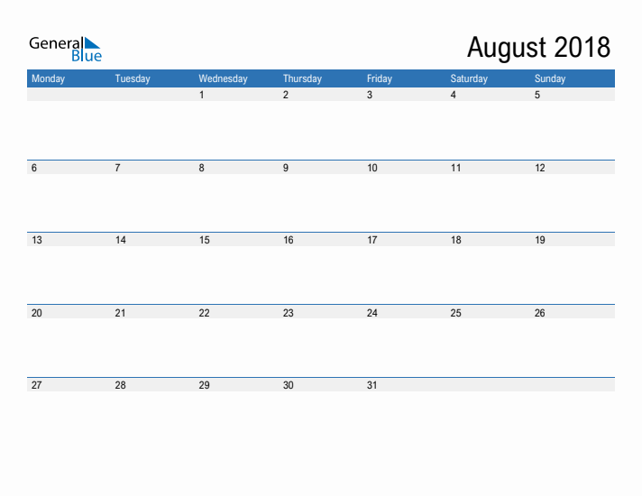 Fillable Calendar for August 2018
