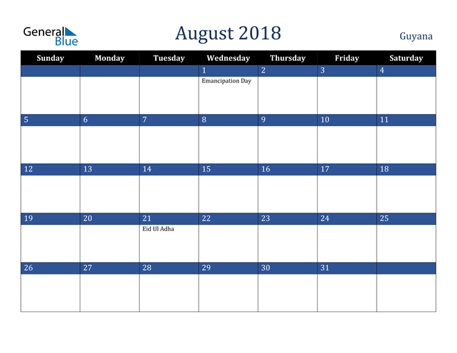 August 2018 Guyana Calendar