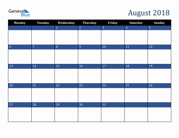 Monday Start Calendar for August 2018
