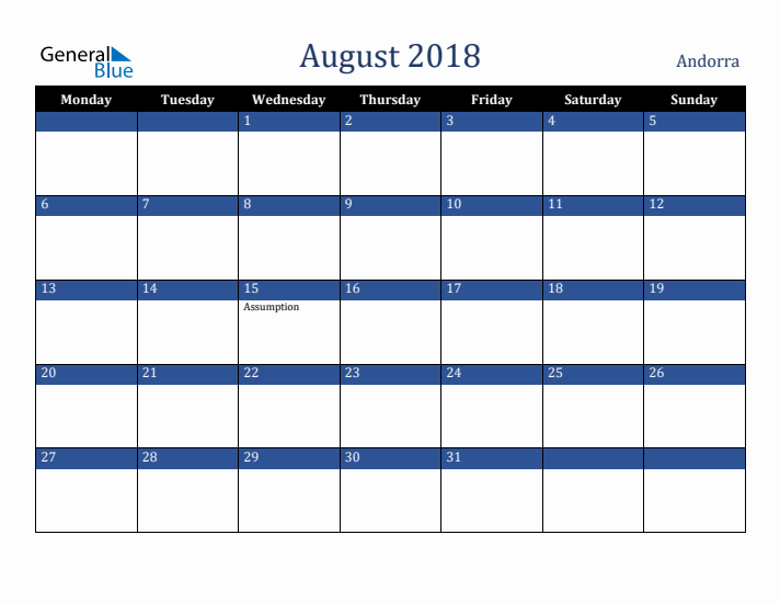 August 2018 Andorra Calendar (Monday Start)