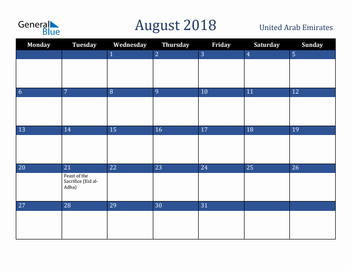 August 2018 United Arab Emirates Calendar (Monday Start)