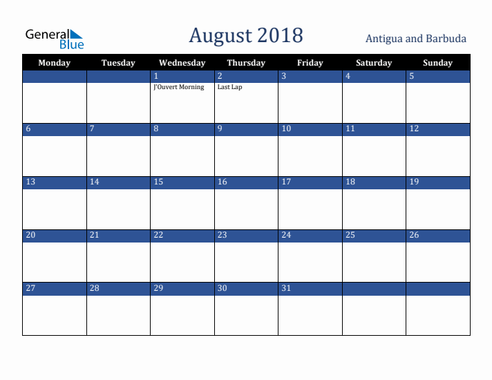 August 2018 Antigua and Barbuda Calendar (Monday Start)
