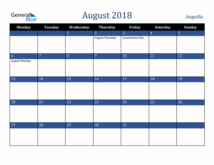 August 2018 Anguilla Calendar (Monday Start)