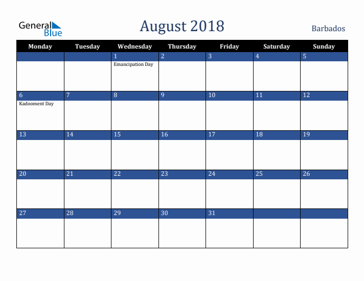 August 2018 Barbados Calendar (Monday Start)