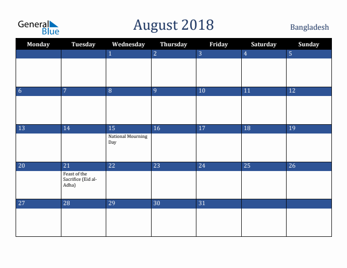 August 2018 Bangladesh Calendar (Monday Start)