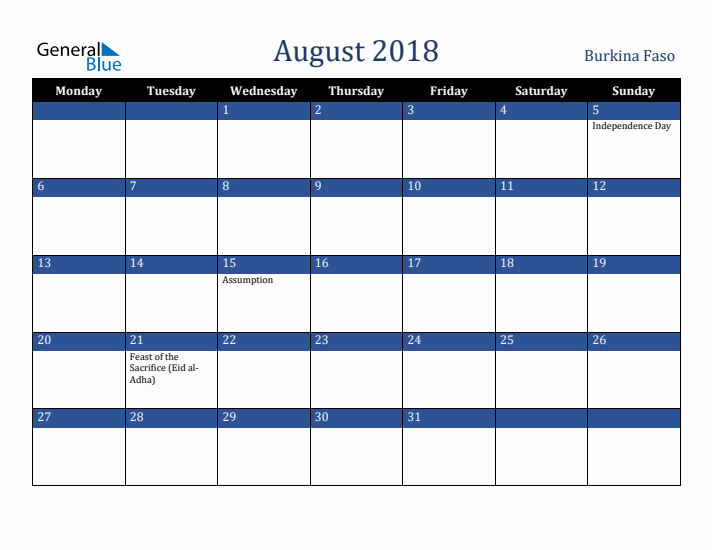 August 2018 Burkina Faso Calendar (Monday Start)