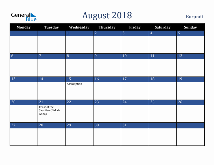 August 2018 Burundi Calendar (Monday Start)