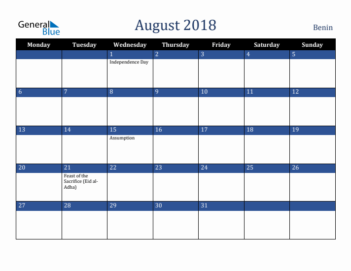 August 2018 Benin Calendar (Monday Start)