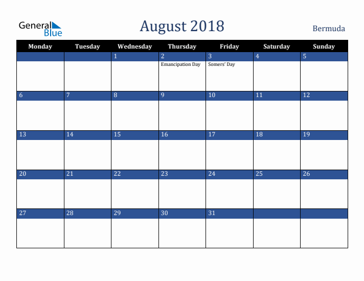 August 2018 Bermuda Calendar (Monday Start)