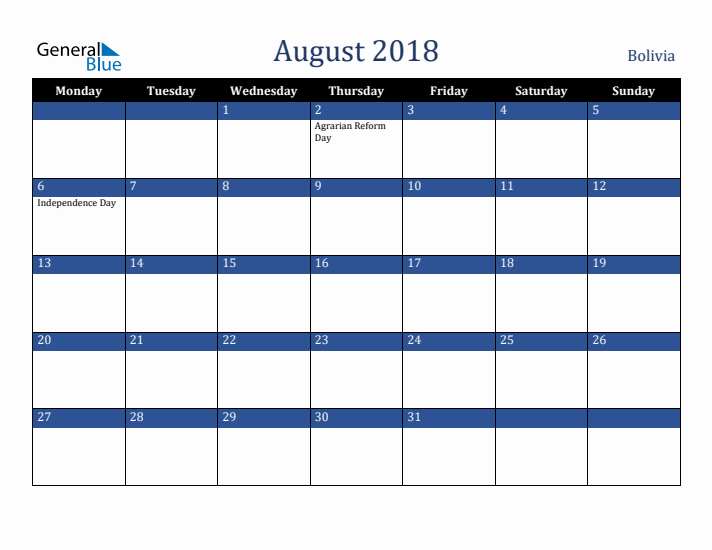 August 2018 Bolivia Calendar (Monday Start)