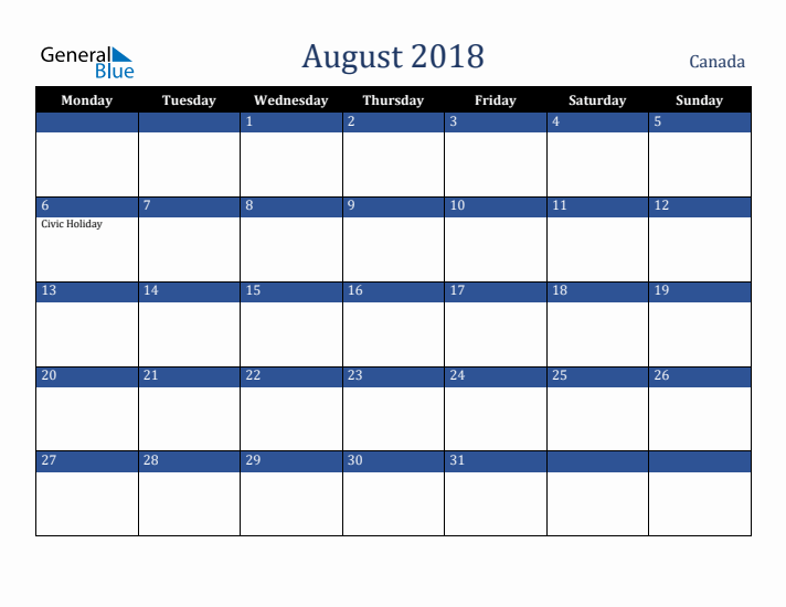 August 2018 Canada Calendar (Monday Start)