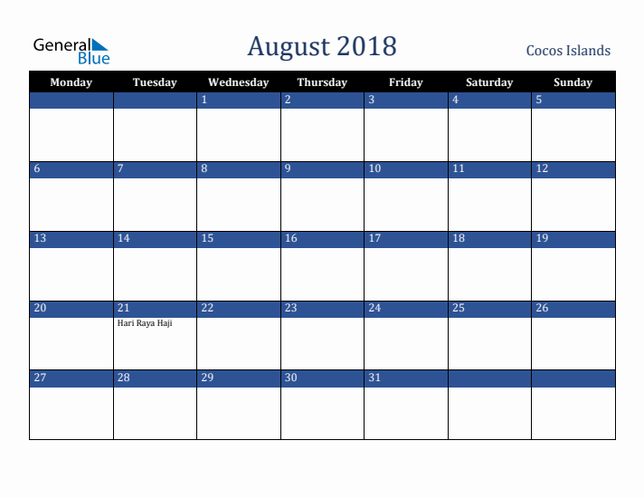 August 2018 Cocos Islands Calendar (Monday Start)