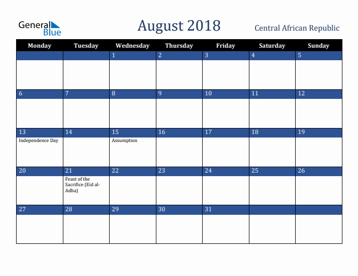 August 2018 Central African Republic Calendar (Monday Start)