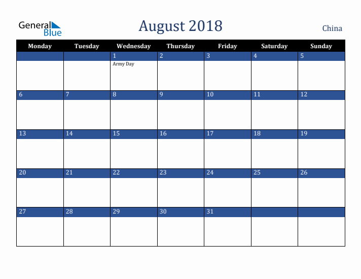 August 2018 China Calendar (Monday Start)
